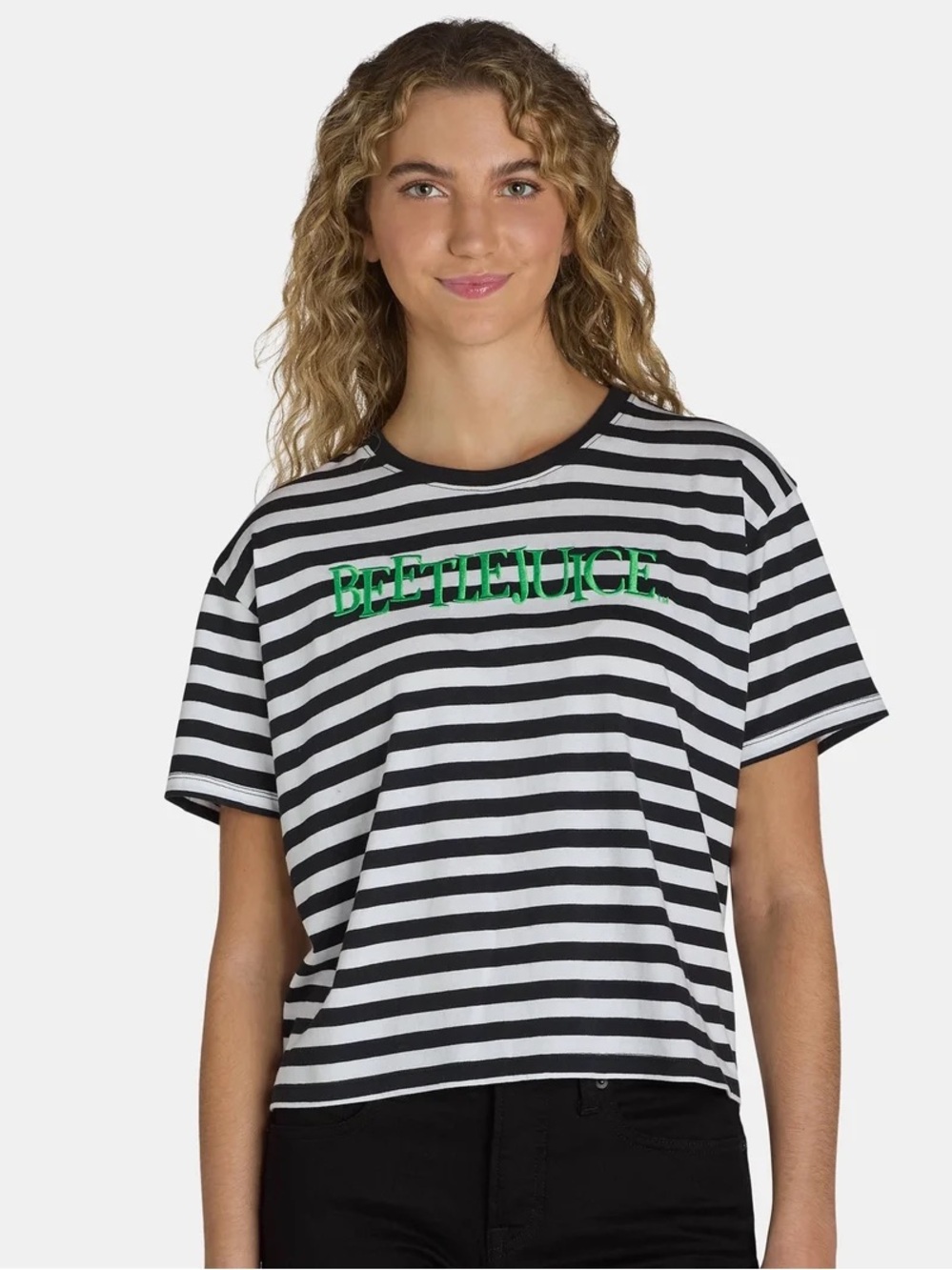 Beetlejuice~Skimmer Tee-Black & White Stripes~Embroidered “Beetlejuice” on Front